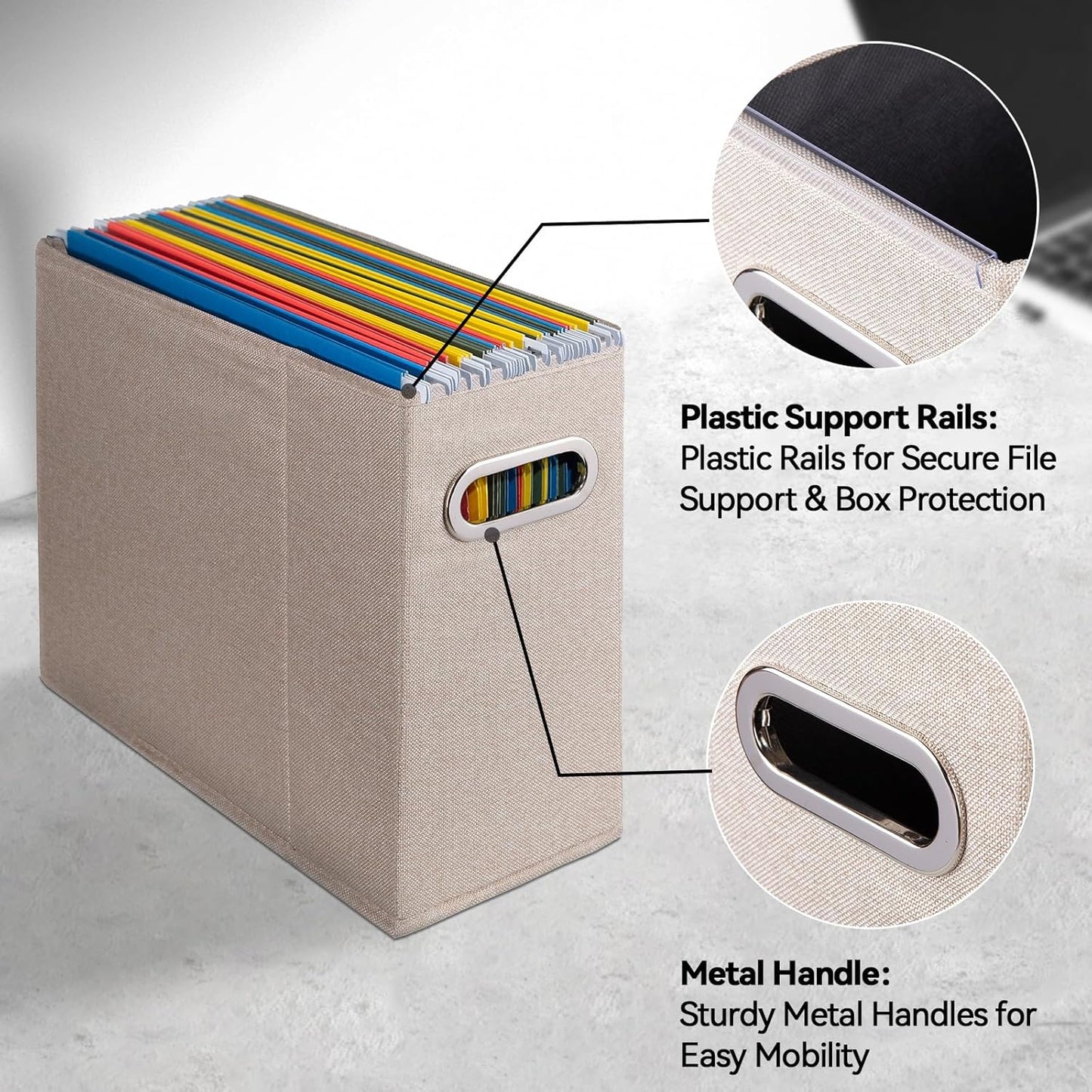 4 Packs Letter Size File Organizer, File Folders Organizer, Fabric Storage Box, Collapsible Paper Organizer with Metal Handle, Smooth PVC Rails, Only Box (Beige)