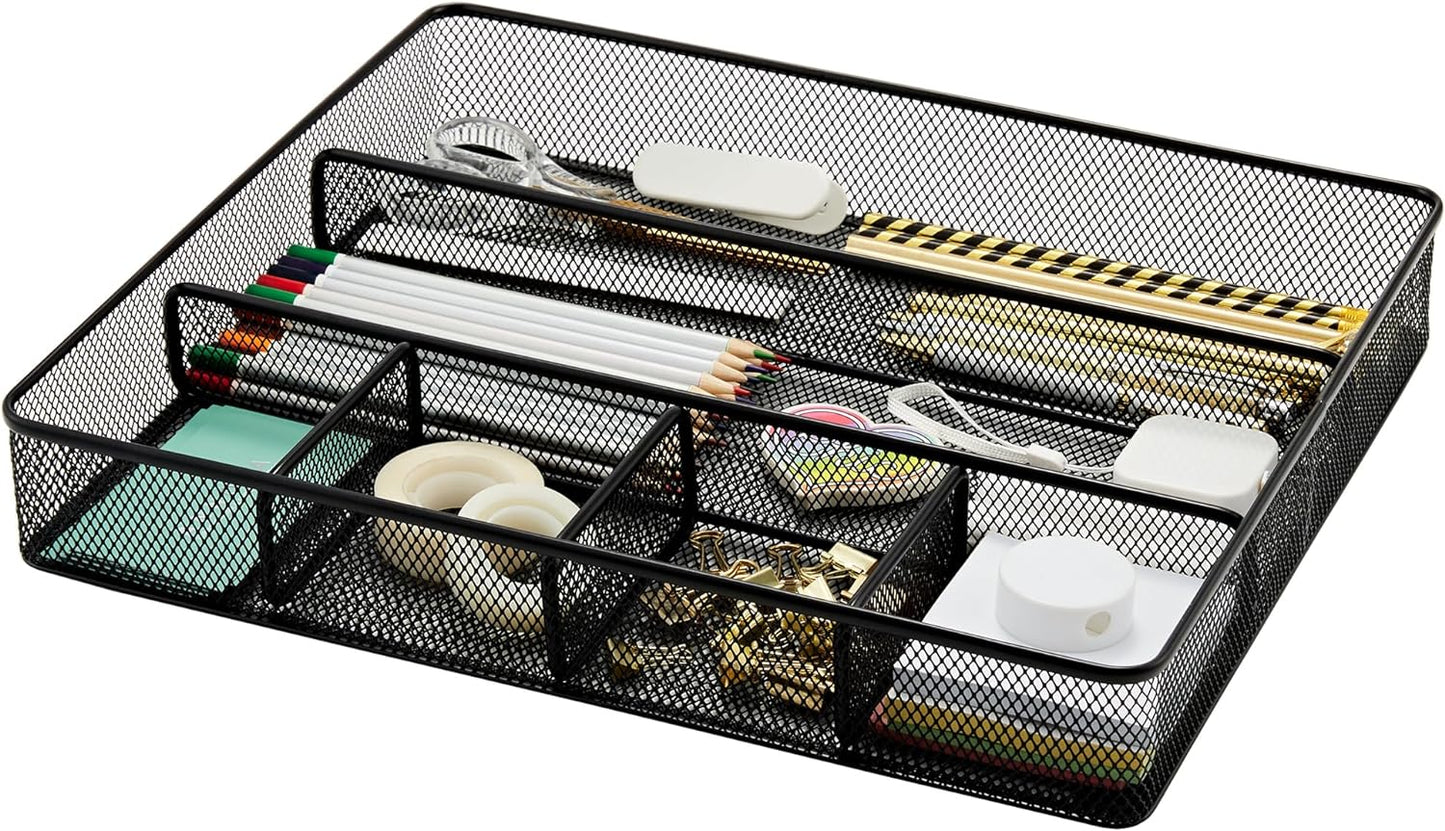 Annova Desk Top Organizer Tray for Office Organization - Metal Mesh - Storage Tray with Dividers for Pens, Desktop Accessories, Bathroom, Kitchen, Makeup and Office Supplies (Large, Black)