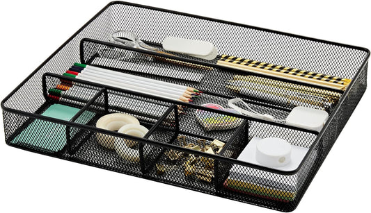 Annova Desk Top Organizer Tray for Office Organization - Metal Mesh - Storage Tray with Dividers for Pens, Desktop Accessories, Bathroom, Kitchen, Makeup and Office Supplies (Large, Black)