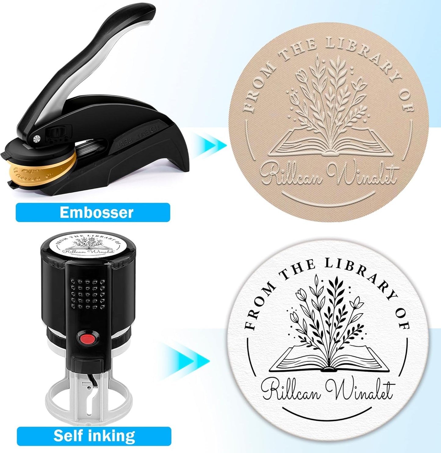 Custom Book Embosser | Book Stamp Personalized | Personal Library Embosser Custom Self-Ink Stamp from The Library of Customizable Embossing (Flowers 1)
