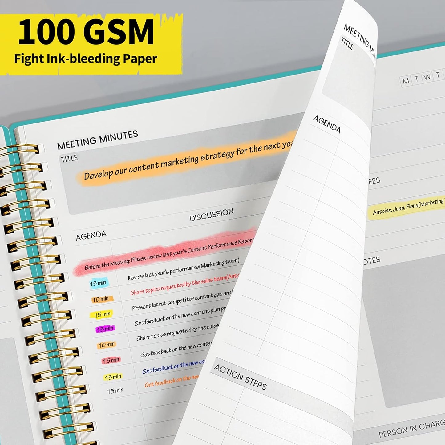 SUNEE Meeting Notebook for Work with Action Items - 160 Pages, B5 Size Project Planner, Spiral Meeting Agenda/Minutes Notebook Organizer for Women Men, Note Taking, Office & Business, 7.5"x10", Teal