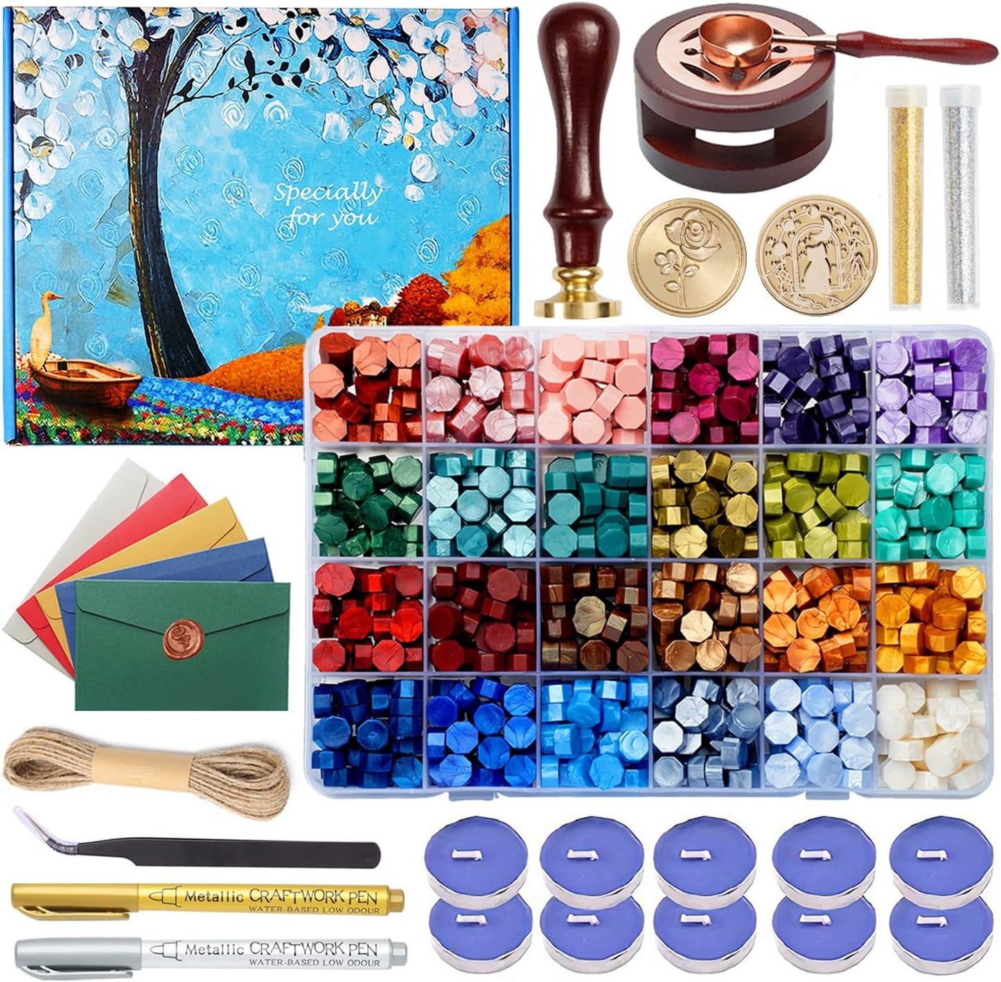 Comealltime Wax Seal Kit with Gift Box, 624 Pcs 24 Colors Sealing Beads, 2 Pcs Stamps, Sealing Wax Warmer, Metallic Pen, Envelope, Candles for Wedding Birthday Gift and DIY Craft, Sellado de Cera