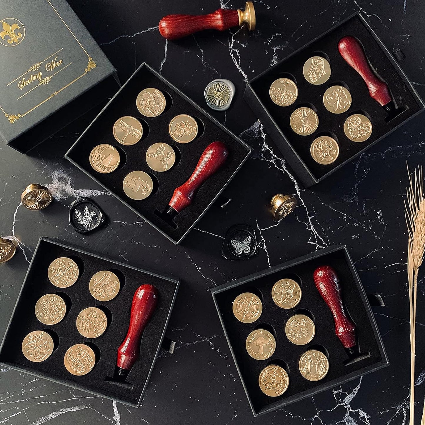 Wax Seal Stamp Gift Box Set, 6 Pcs Blessing Series Seals Copper, Wooden Hilt, Kit for Cards Envelopes, Gift Packaging