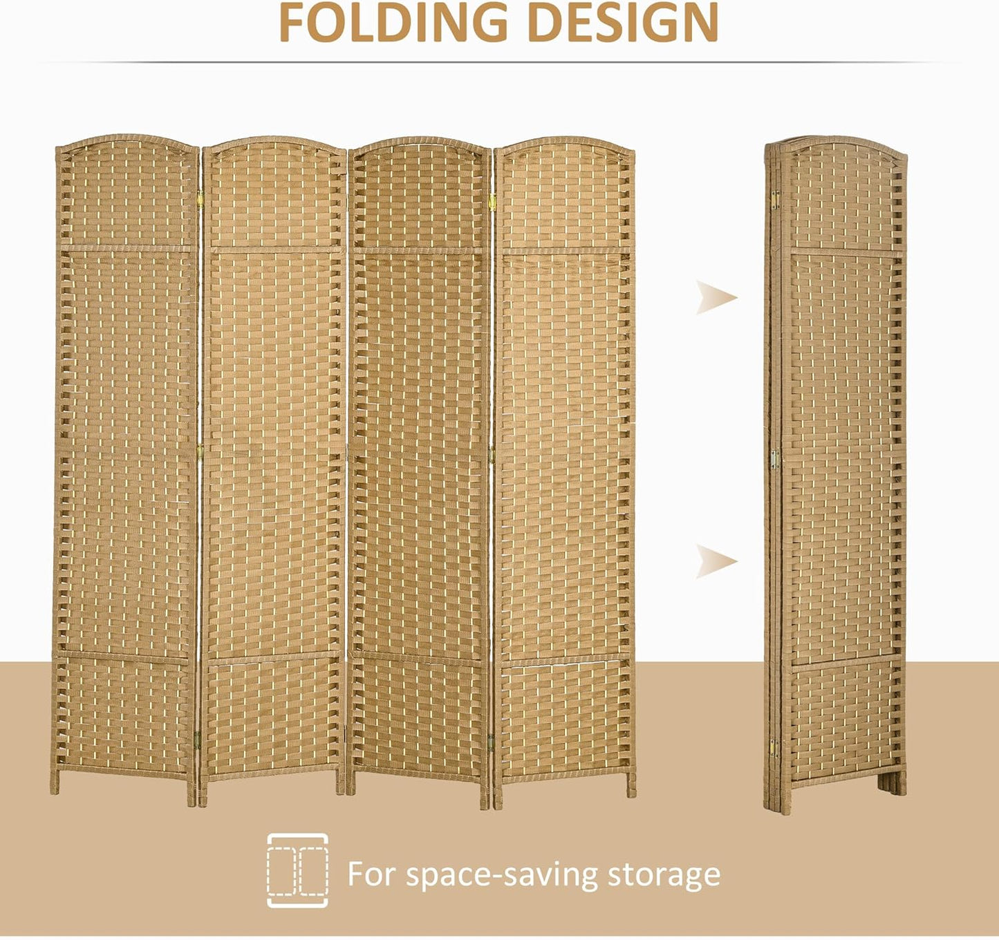 HOMCOM Room Divider, 4 Panel Folding Privacy Screen, 5.6' Tall Freestanding Wall Partition for Home Office, Bedroom, Nature Wood