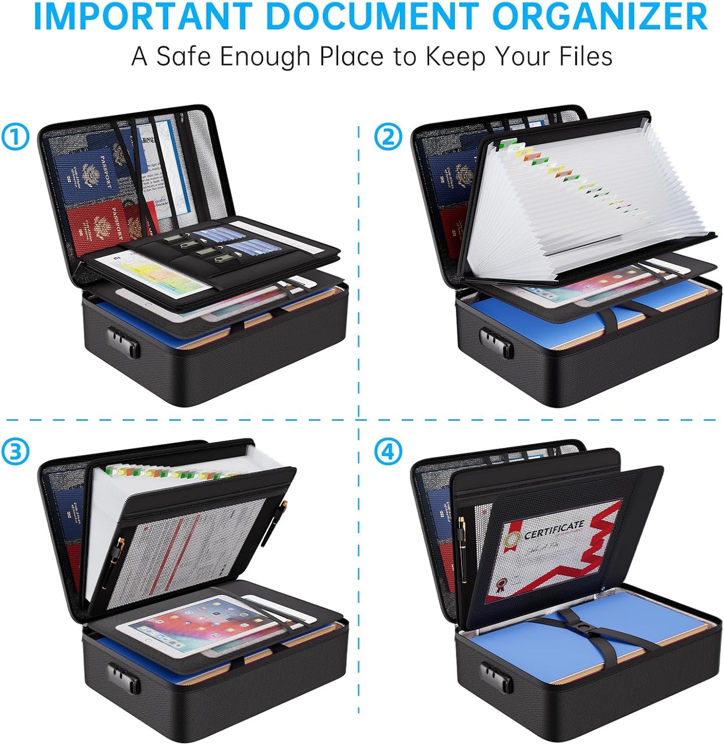 ENGPOW Fireproof Document Box with Lock,5200℉ Soft Case Fireproof Box with 25 Pocket Accordion File Folder,Multi-Layer Fireproof Water Resistant File Organizer Storage for Important Documents,Laptop