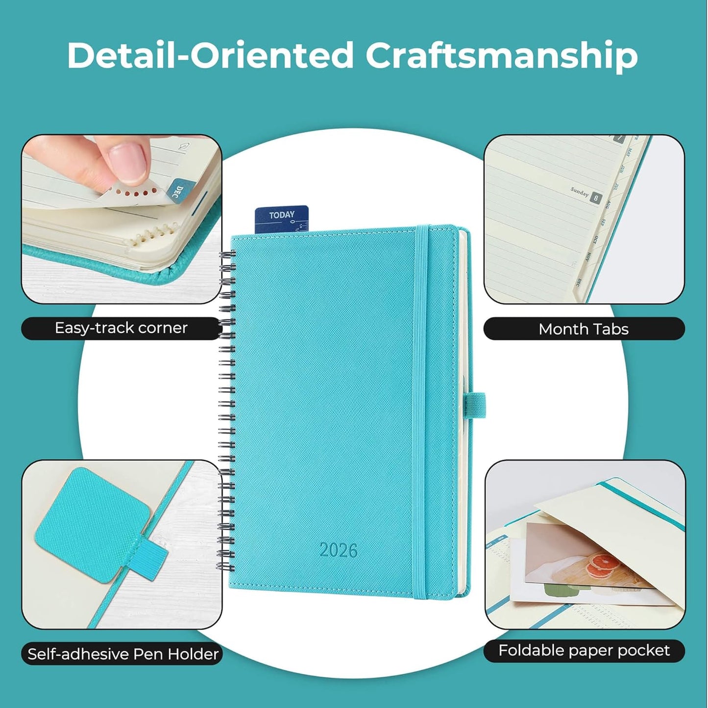 Planner 2026 Daily Weekly and Monthly,8.5"x6.5",12 Months Spiral Bound Calendar Agenda with Self-adhesive Pen Holder,2026 Appointment Book with Vegan Leather Soft Cover,Light Blue