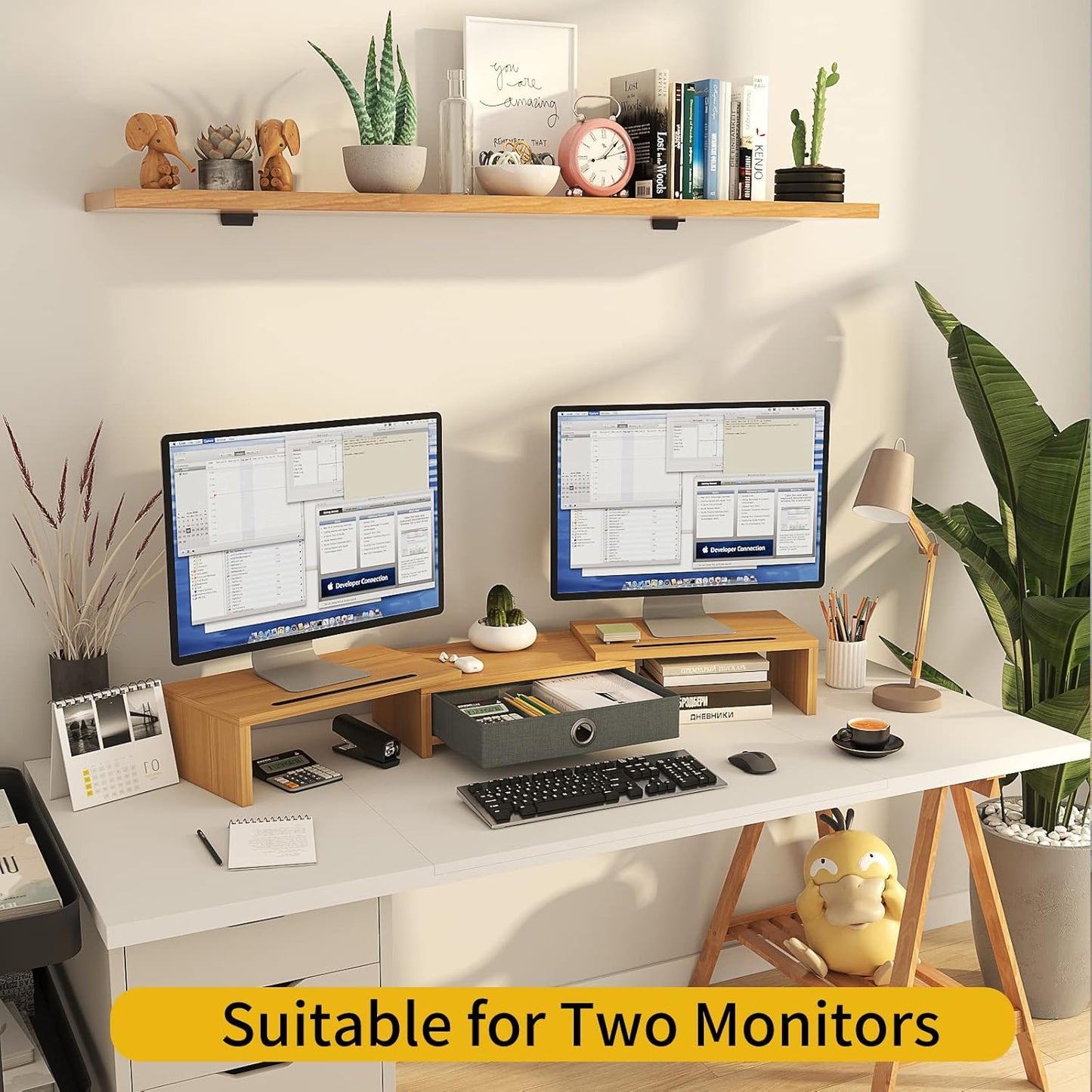 WESTREE Dual Monitor Stand Riser with Drawer - Adjustable Length and Angle, 2 Phone Hold, Desktop Organizer for Computer/Laptop/PC/Printer