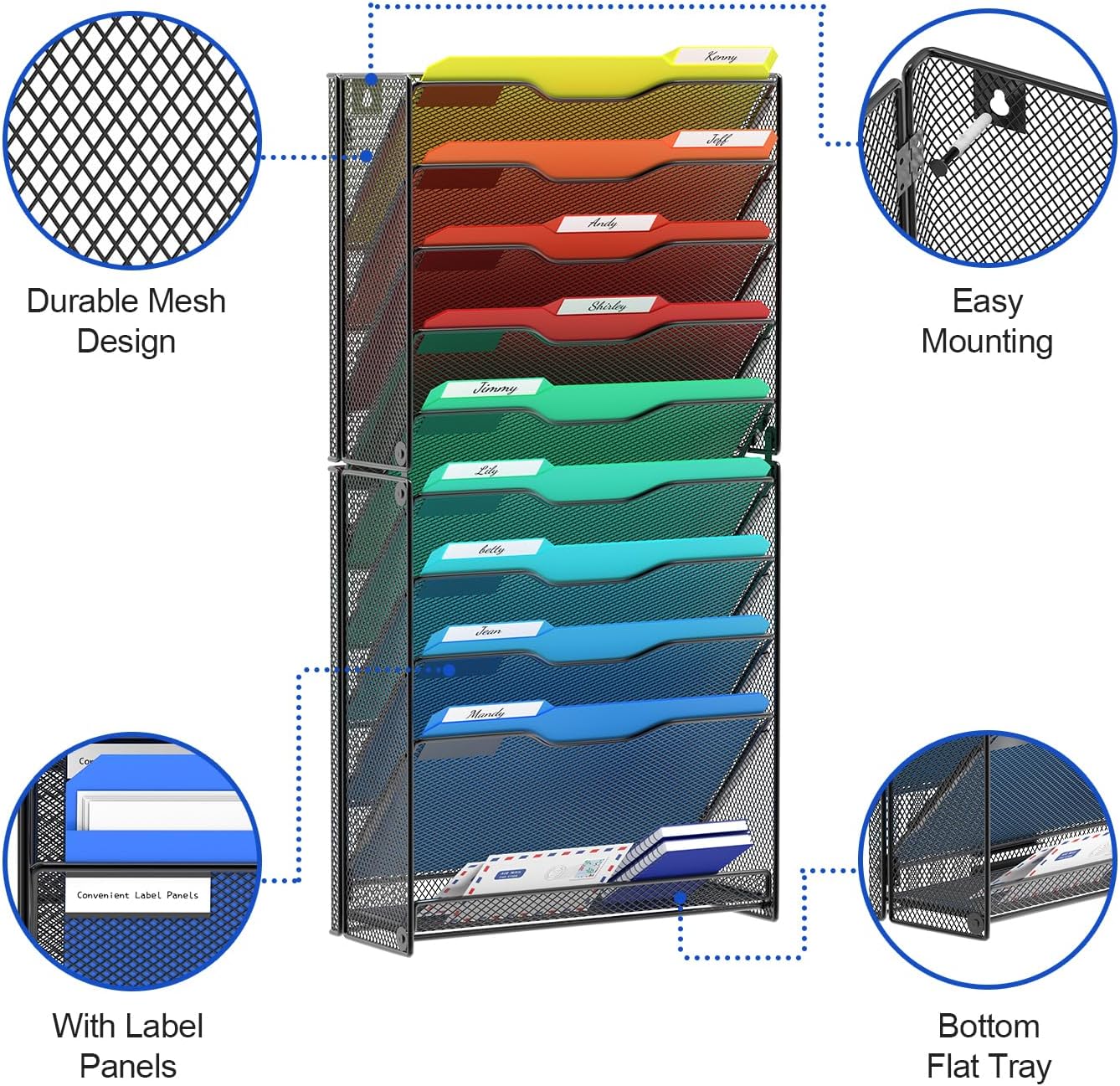 samstar 10 Tier Wall File Organizer, Hanging Wall Mount File Holder Paper Folder Mail Organizer, Mesh Metal, Black.