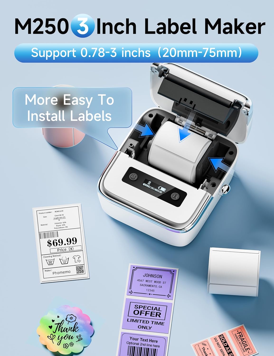 Phomemo M250 Label Maker Machine with Tape, 3 Inch Thermal Label Maker, 2025 Upgrade Portable Barcode Printer for Business, Home, Logo Label, Sticker Printer for Phones & PC, with 1 Roll Label