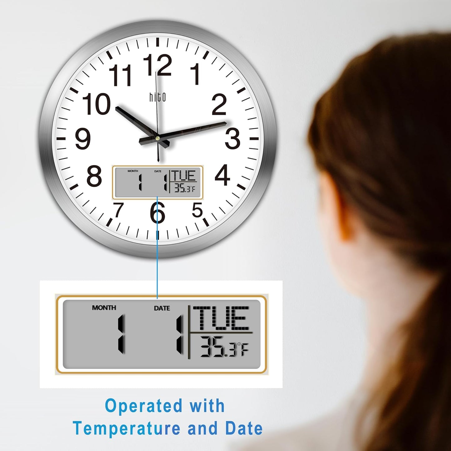 HITO 14 Inch Silent Wall Clock Battery Operated with Temperature and Date, Large Wall Clock for Living Room Decor, Office, Classroom, Bedroom