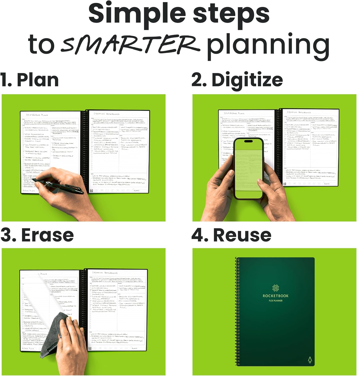 Rocketbook Flex Planner, Reusable Undated Smart, Executive Size 6x8.8 in Green – Daily, Weekly, Monthly, Annual Calendar, Tasks, Goals, Scheduling, Productivity, App Connected, Erasable, Durable Cover