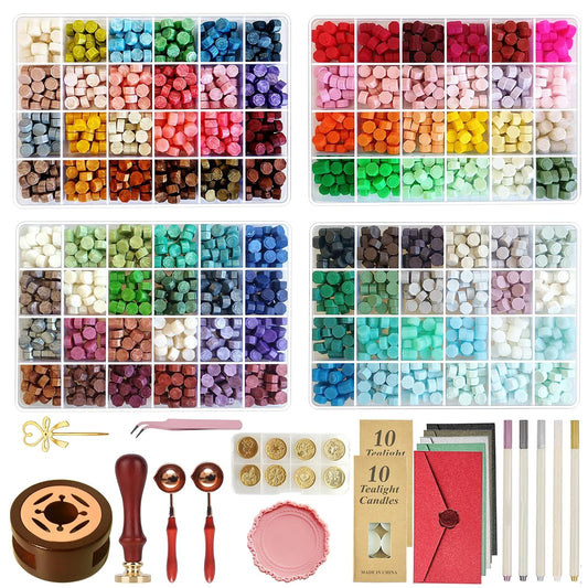 96 Colors Wax Seal Stamp Kit,2400Pcs Sealing Beads,All in one Wax Seal Kit with Sealing Stamps, Warmer,Spoon,Envelopes,Candles,Metallic Pen,for Wedding Invitations Wrapping Christmas Letters