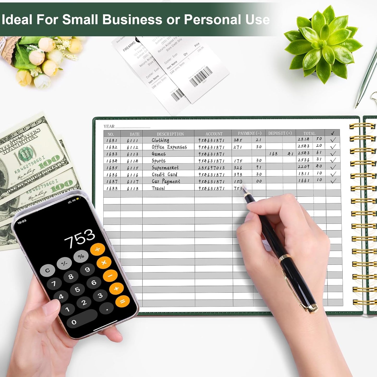 HAUTOCO Hardcover Accounting Ledger Book for Small Business Bookkeeping Horizontal Money Expense Tracker Notebook with 2 Storage Pouch, Personal Columnar Log Journal 10.78 x 8'', Dark Green