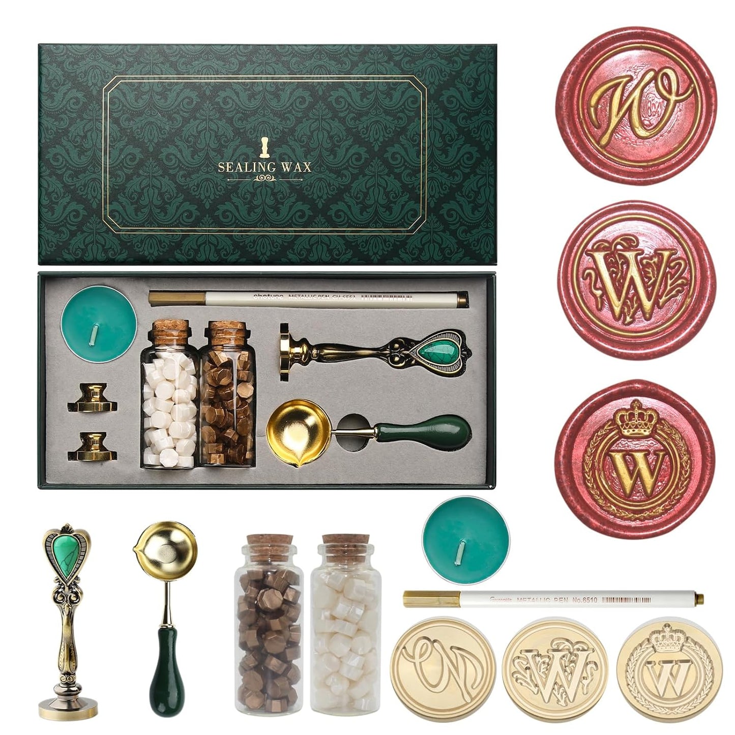 Letter Wax Seal Stamp Kit, Andotopee Wax Seal Kit Initial Alphabet W Sealing Wax Stamp Head 3pcs, Vintage Wax Stamp Seal Kit with Wax Seal Beads, Wax Seal Warmer Tools, Wax Seal Pen, Gift Box Set