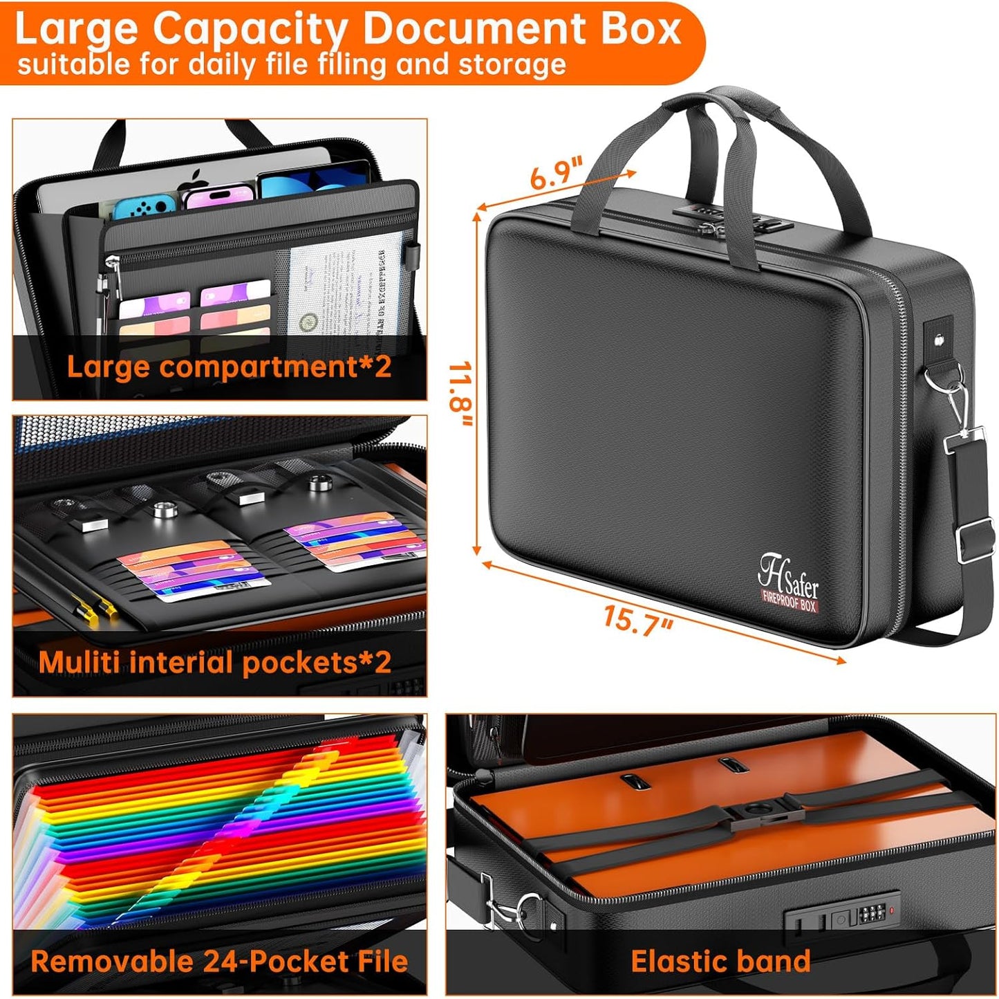 Fireproof Document Box with Lock, Hard-Shell Case File Organizer with 24 Pocket Accordion File Folder, Portable Safe Box with Shoulder Strap for Home Important Documents Laptop Black