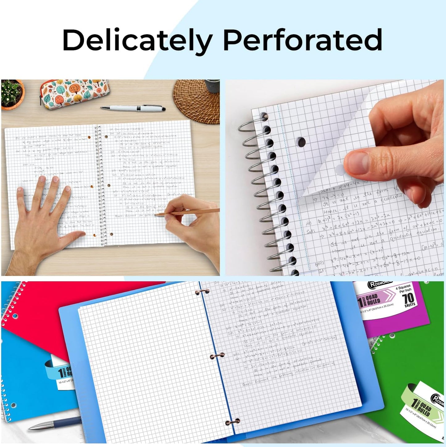 1 Subject Graph Paper Spiral Notebook, 24 Pack, 70 Sheets (140 Pages), 8 x 10-1/2" Bulk 4x4 Spiral Bound Grid Notebooks, 3 Hole Punched Single Subject Quad Ruled Spiral Notebooks for School