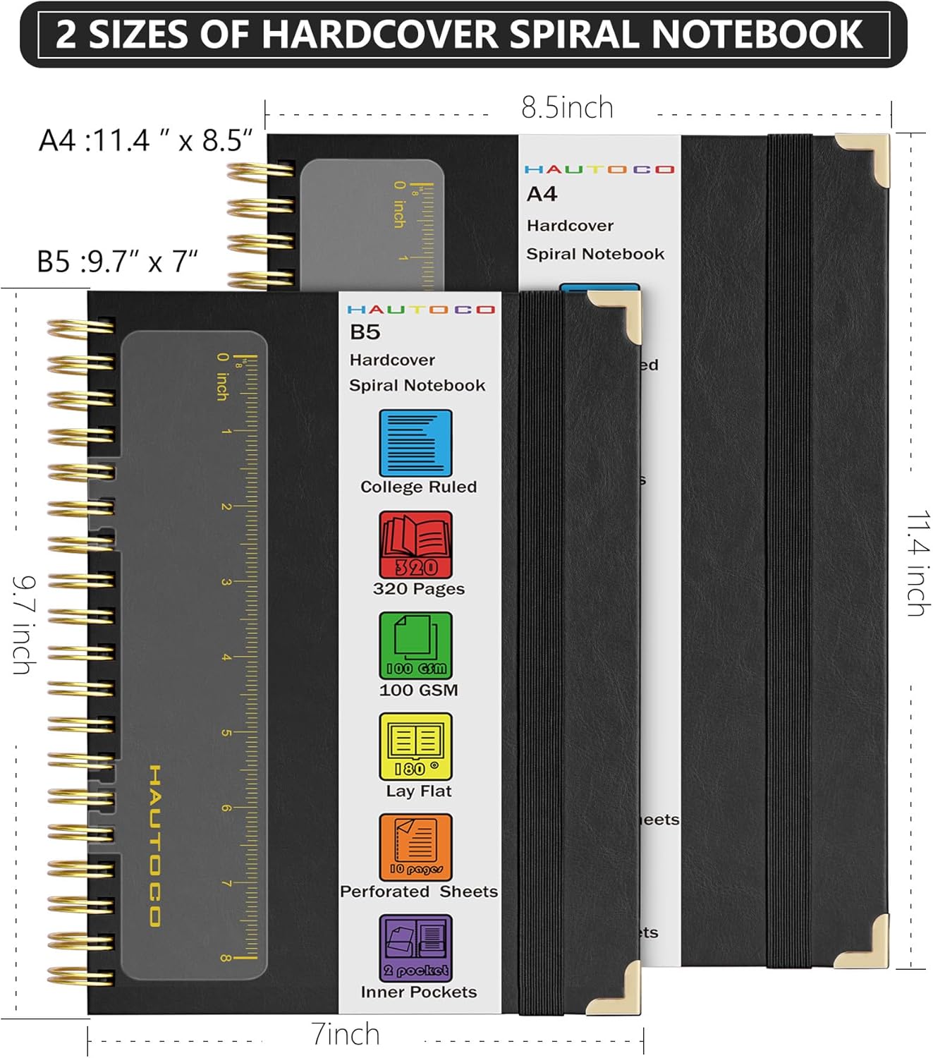 HAUTOCO Spiral Notebook Journal 8.5"x 11", College Ruled Leather Notebook with 320 Pages, 100 GSM Paper, A4 Hardcover Notebook, Lined Journaling Notebooks for Work, Office, School, Business, Black