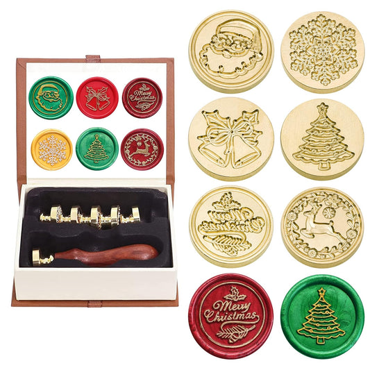 SWANGSA Wax Seal Stamp Set, Vintage 6 Pieces Christmas Sealing Wax Stamp Heads with 1 Wooden Handle for Christmas Gifts Party Invitations Cards (Christmas Set)