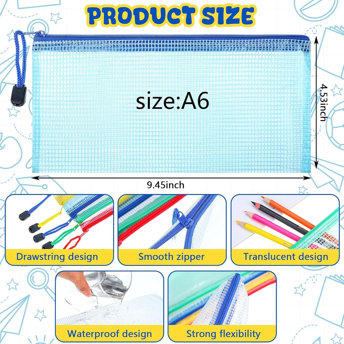 Zhehao 200 Pieces A6 Mesh Zipper Pouch Bulk Mesh Bags with Zipper Waterproof Small Pencil Pouches for School Office Supplies Organization 9.4 x 4.5 Inches(Mixed Colors)