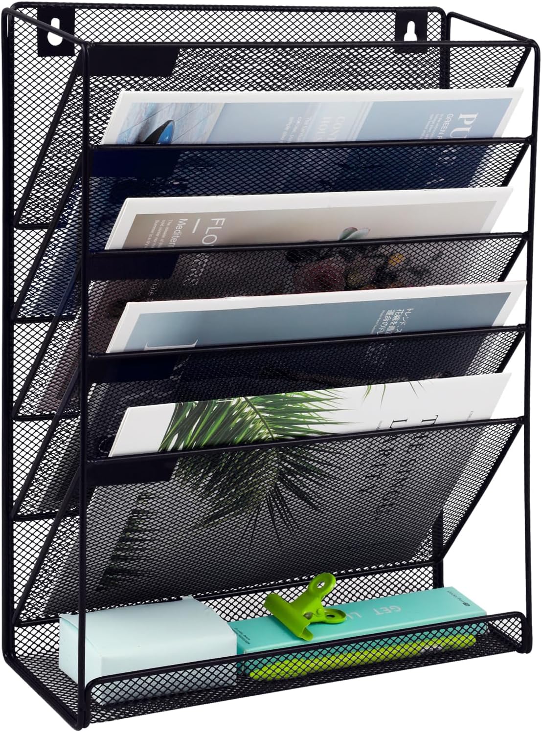 EASEPRES 6 Tier Mesh Hanging Wall File Organizer, Desk Mail Paper Document Folder Holder, Clipboard Storage Organization Magazine Rack with Bottom Tray and Nametag Label for Office Home School, Black