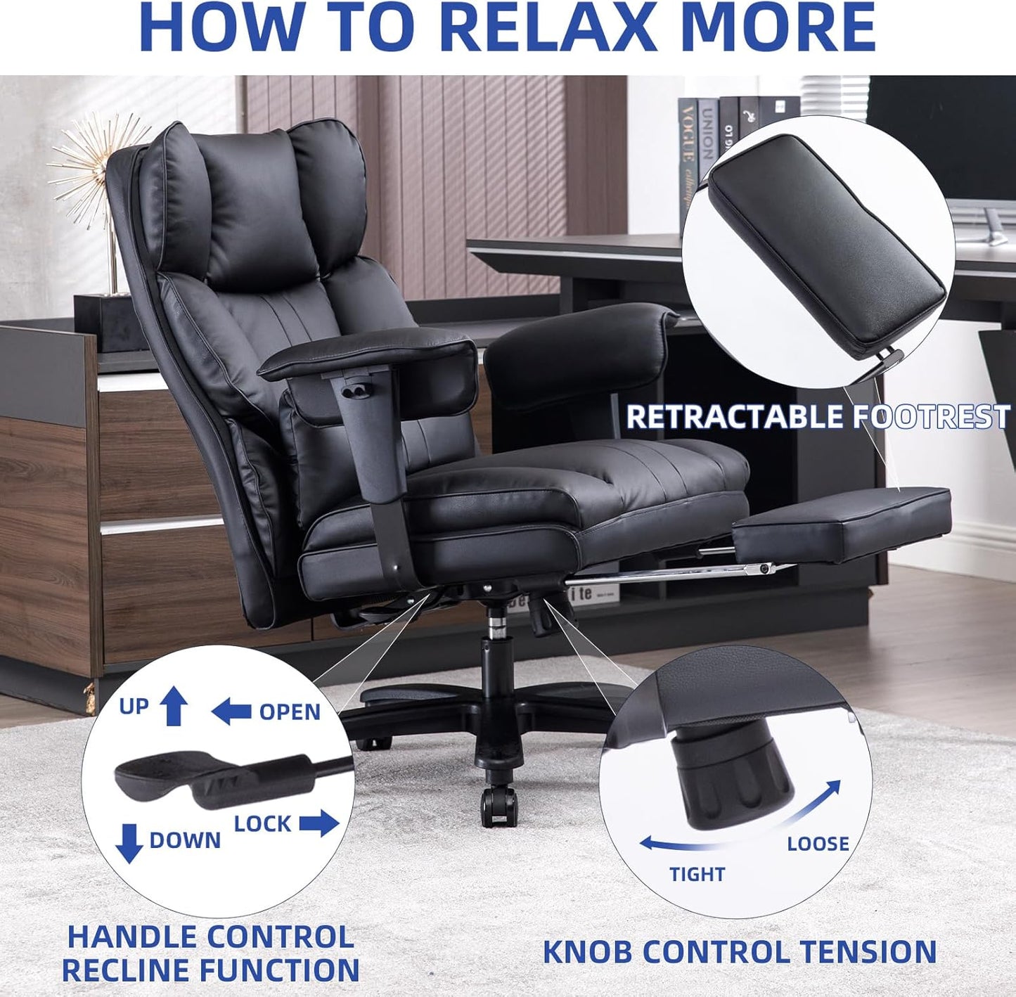 Big and Tall Office Chair 500lbs Wide Seat Executive Office Desk Chair High-Back Office Task Chair with Foot Rest, Ergonomic Lumbar Support Computer Office Chairs for Heavy People(Black)