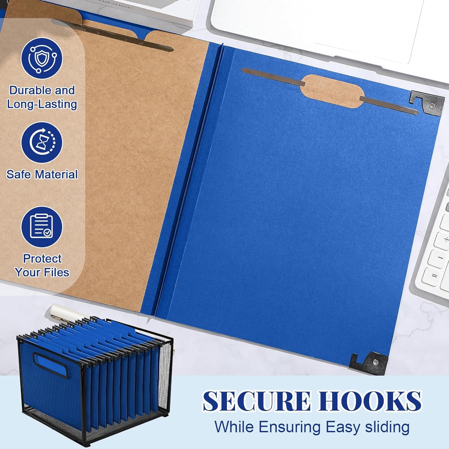 Henoyso 10 Pcs Dark Blue Hanging Classification Folders with Prongs, 1 Divider Letter Size, 1/3-cut with Built-in Hangers for Standard Medical Files, Law Client Files, Office Reports