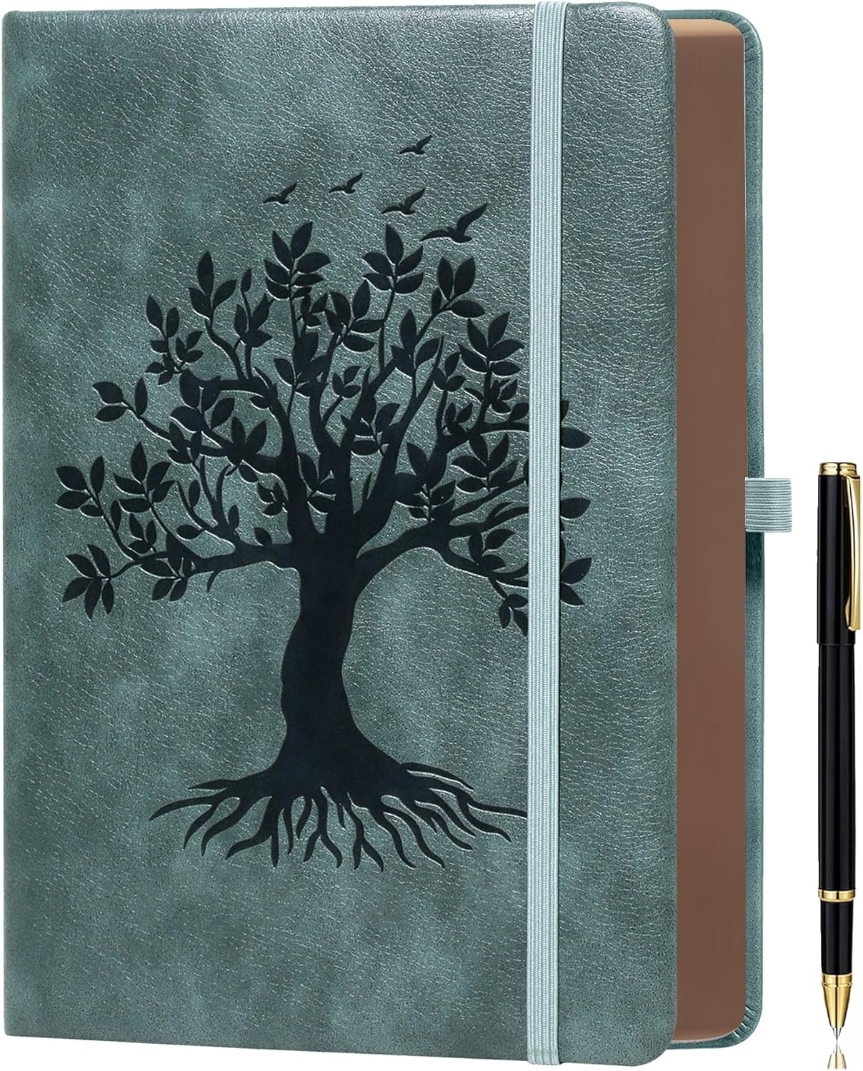 ZXHQ B5 360 Pages Lined Journaling Notebooks with Pen, Journals for Women Men Writing Notebook, Tree of Life Design, Brown Edge, Fine Inner Pocket - Grey