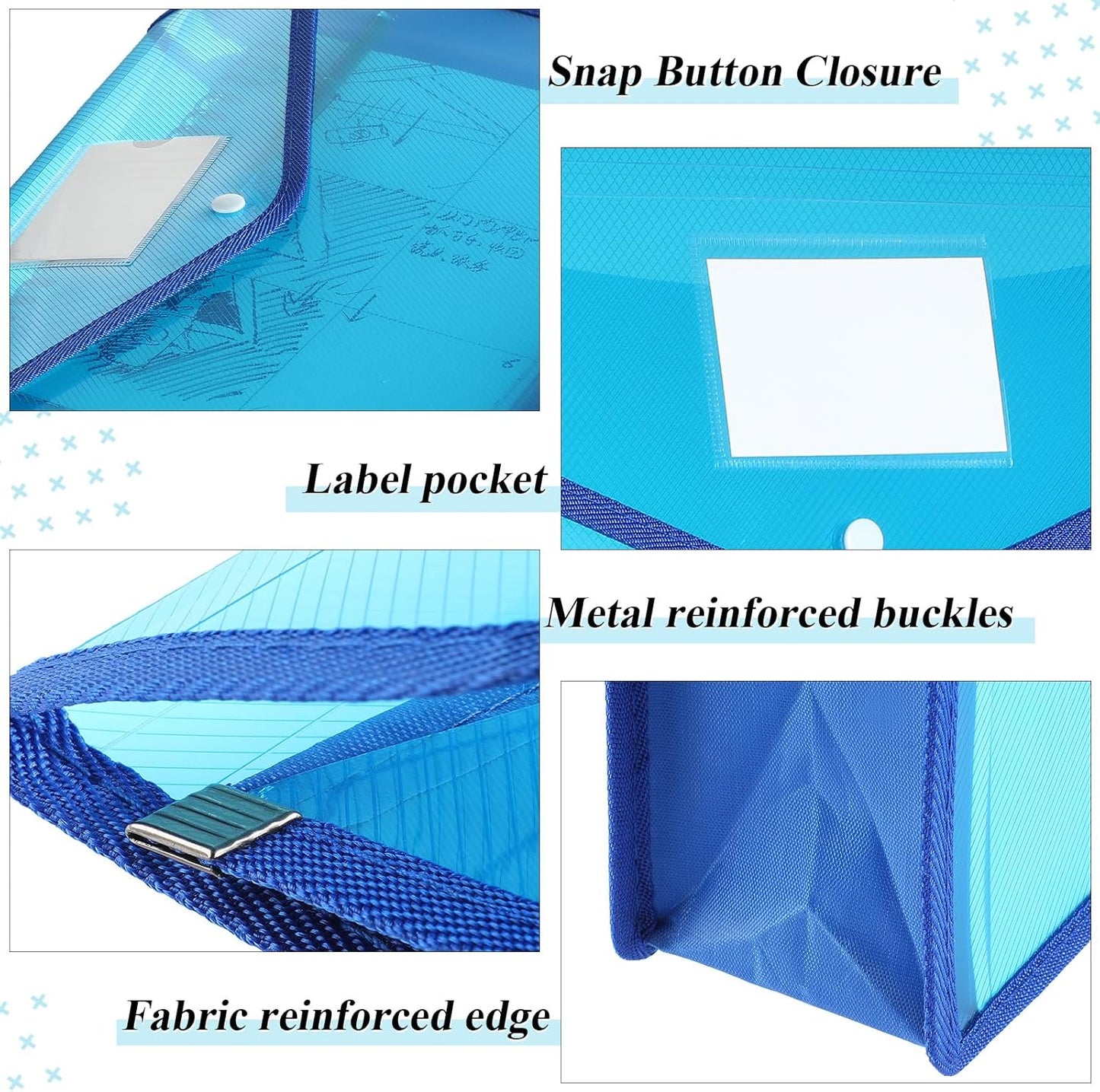 10 Pieces Plastic File Folders Envelope Expanding File Wallet Organizer Documents Folder with Snap Closure and Pocket B4 Waterproof Transparent Pouch for School Office(Blue,Horizontal)