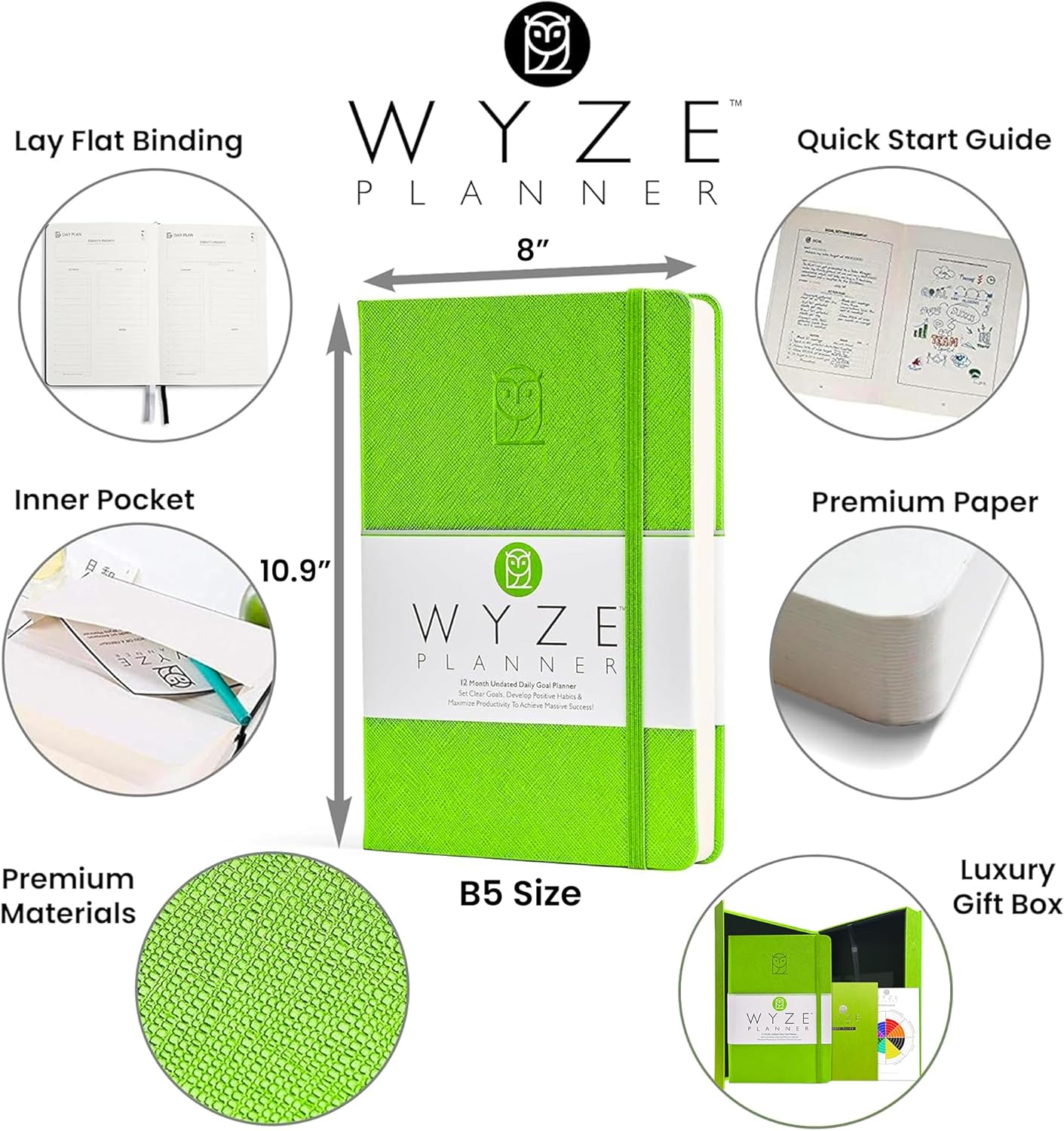 Undated Daily Planner – 1-Year B5 Productivity Organizer with Two-Page Weekly Spread, Goal Setting, Habit Tracker, Weekly & Monthly Pages – Hardcover Time Management Notebook (Lime Green)
