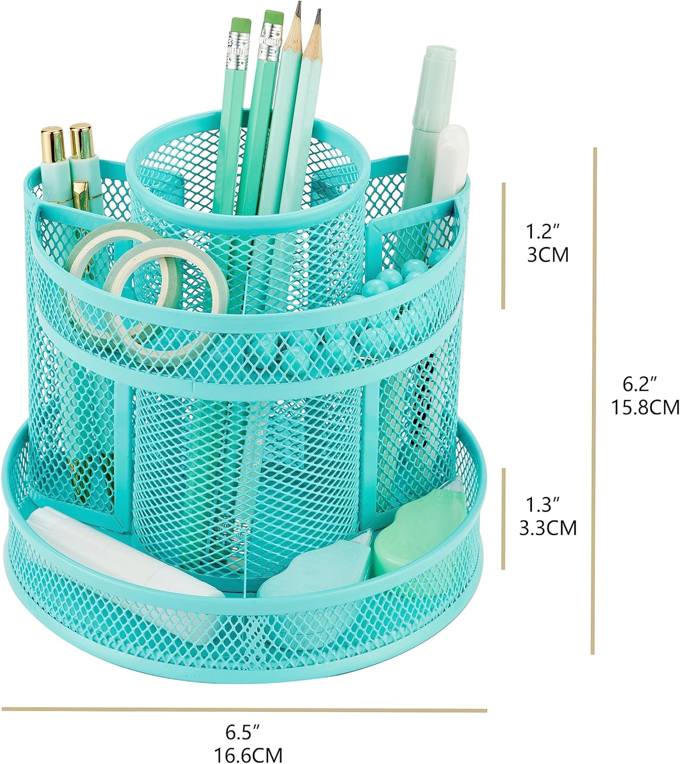 Annova Mesh Desk Organizer Rotate with 5 Compartments Round Spinning Tidy Candy/Pen Holder Desk Accessories Office, Art Supply, Storage, Classroom, Home (Turquoise)