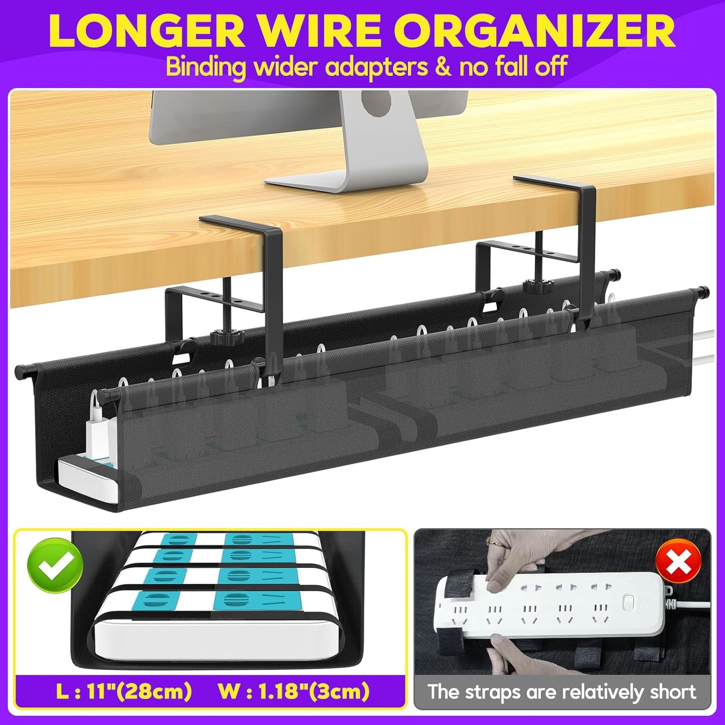 Large Under Desk Cable Management Tray, REFLYING 29.1" Cable Management Under Desk No Drill,Adjustable Clamp Cord Wire Organizer, Cord Hider for Standing Table, Wire Hider for Office,Home (Medium)