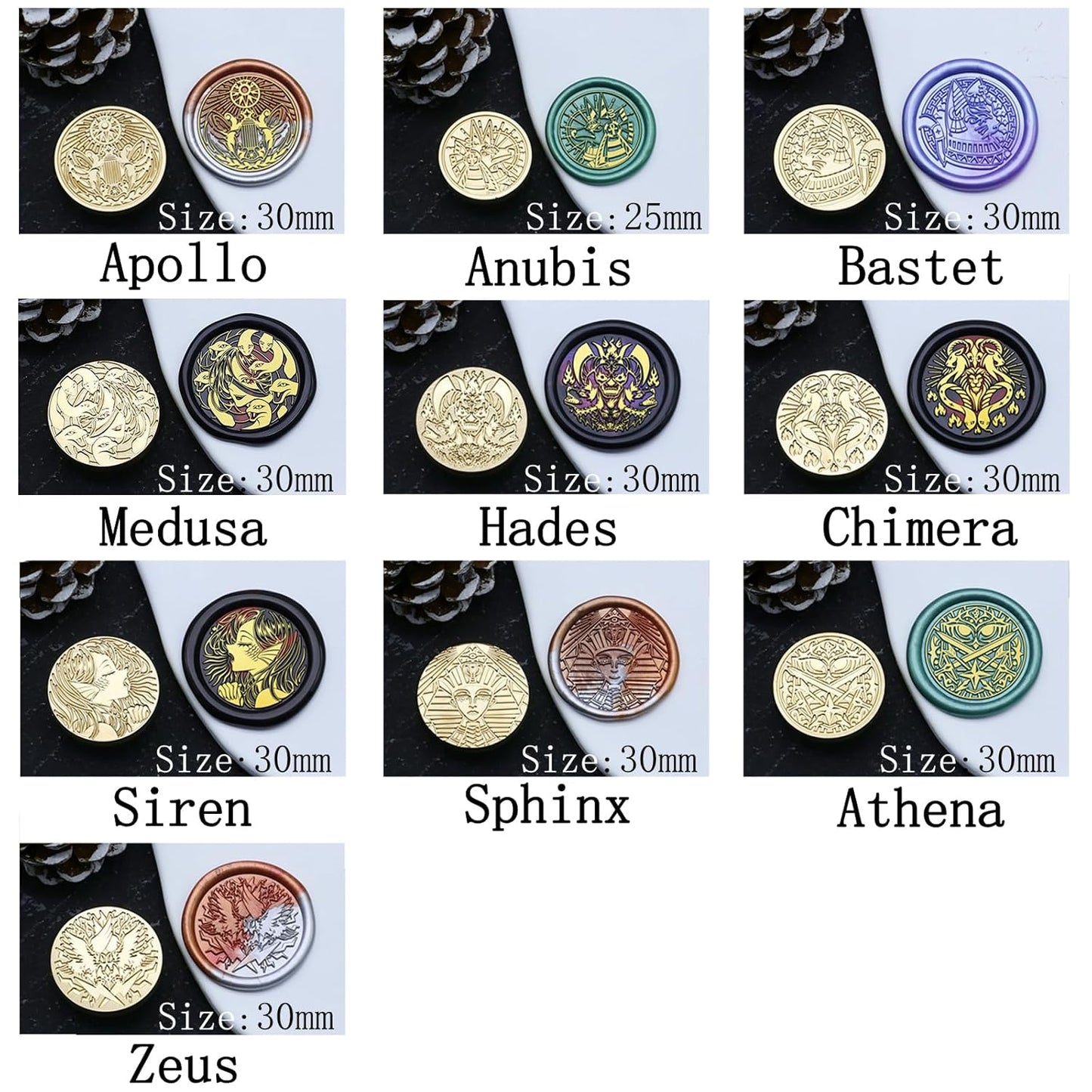 10PCS Mythical Wax Seal Set - Retro Brass Sealed Stamp, Removable Sealing Wax Stamp with 2 Handle (Thor,Anubis,Bastet,Medusa,Hades,Chimera,Siren,Sphinx,Athena,Apollo)