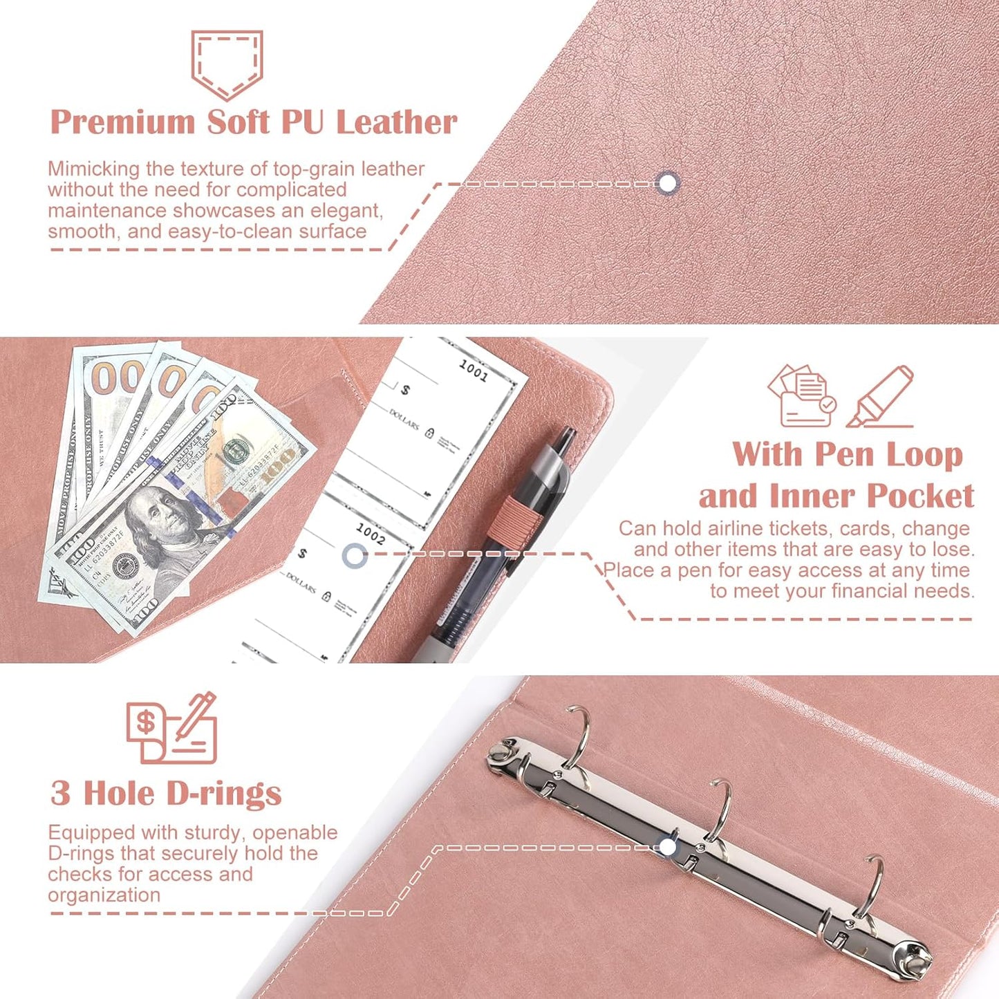 9" x11 1/4" PU Leather 3 Rings Personal Checks Binder for End-Stub Deskbook 3-Ring Binders for Desk Check fit 3 & 9 Holes Checkbook Binder Cover for Business Finances (Not Fit 7 Holes,Rose Gold)