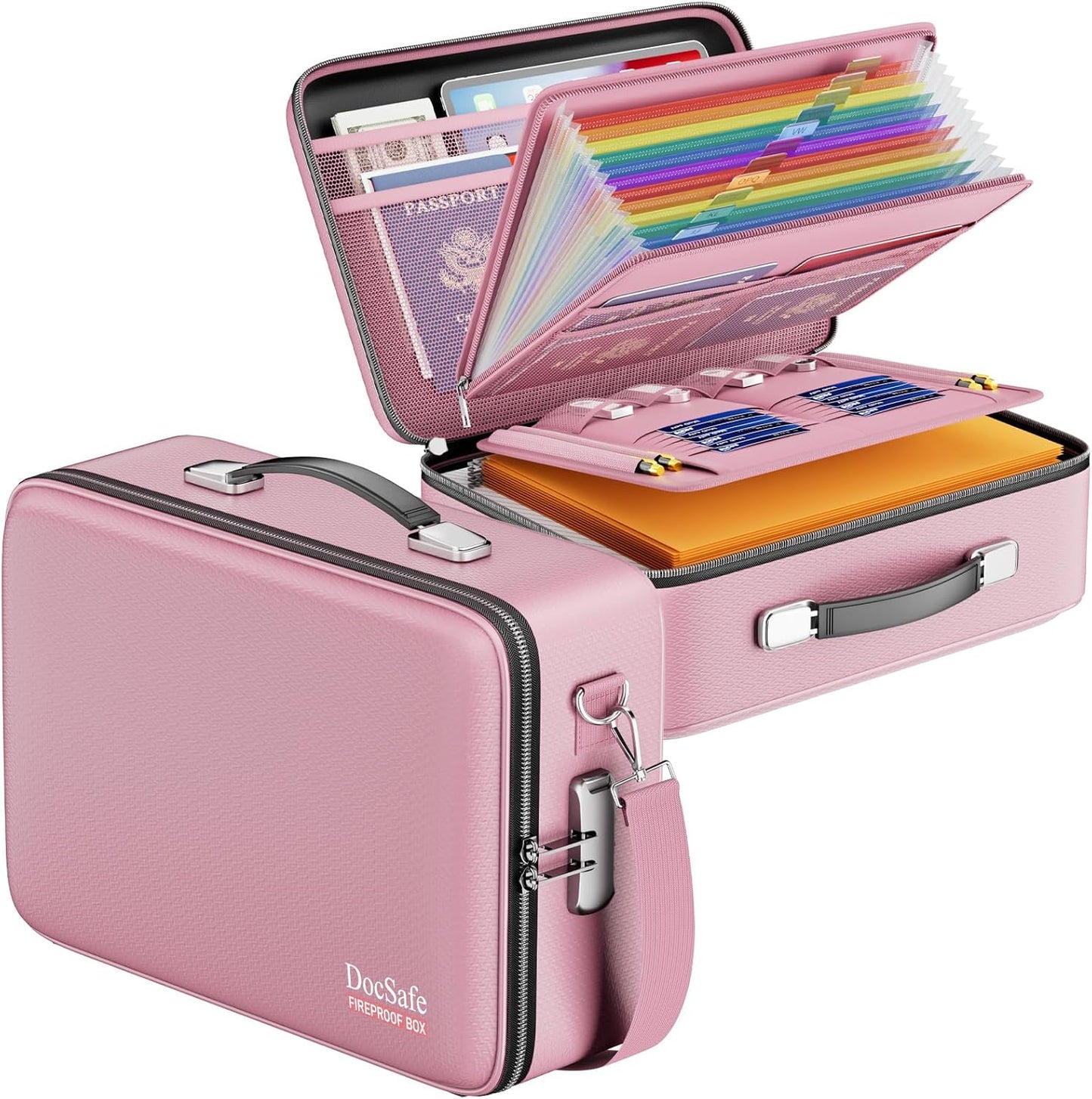 DocSafe Fireproof Document Box with Lock, Hard Case File Organizer with Accordion File Folder, Fireproof Water Resistant Safe Box Home Office Travel Storage for Important Documents Laptop Pink