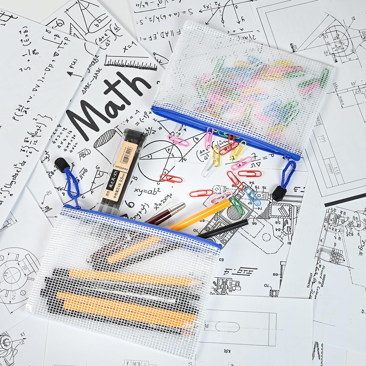 AUSTARK 10 Pcs Zipper File Bags, Waterproof Plastic Mesh Pouch for Office School, Board Game Storage Bags (B6 Size 7.6''x5.3'', White and Blue)