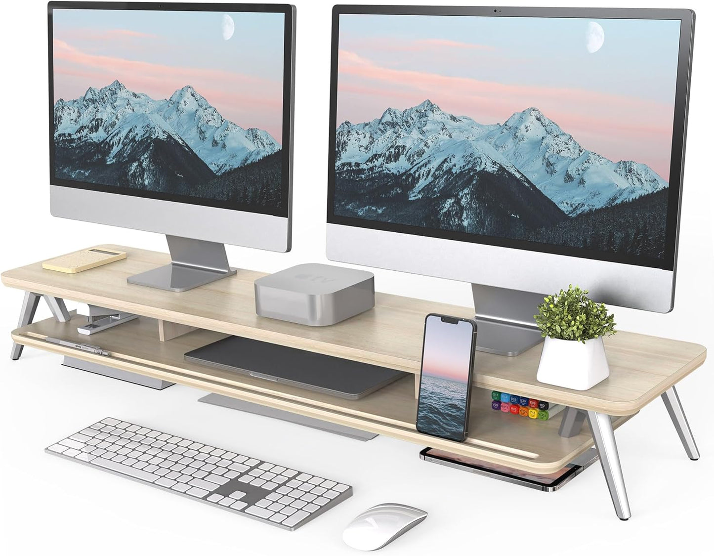 Fenge Dual Monitor Stand, Monitor Stands Riser for 2 monitors, 42.5 Inch Wood Desk Shelf with Storage Organizer and Cable Management for Office Desk Accessories