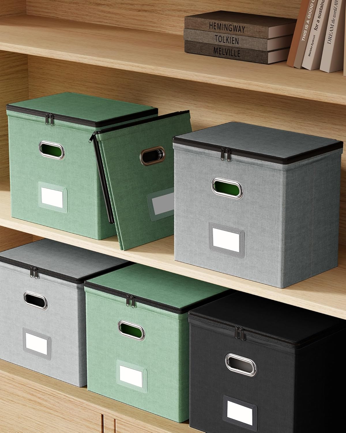 Oterri 2 Pack File Organizer Boxes with Lids, File Box with Mesh Pockets, Document Organizer Box for File Folders Letter Size, Zippers Filing Box for Home, Office, School (Green, Without Folders)