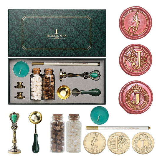 Letter Wax Seal Stamp Kit, Andotopee Wax Seal Kit Initial Alphabet J Sealing Wax Stamp Head 3pcs, Vintage Wax Stamp Seal Kit with Wax Seal Beads, Wax Seal Warmer Tools, Wax Seal Pen, Gift Box Set