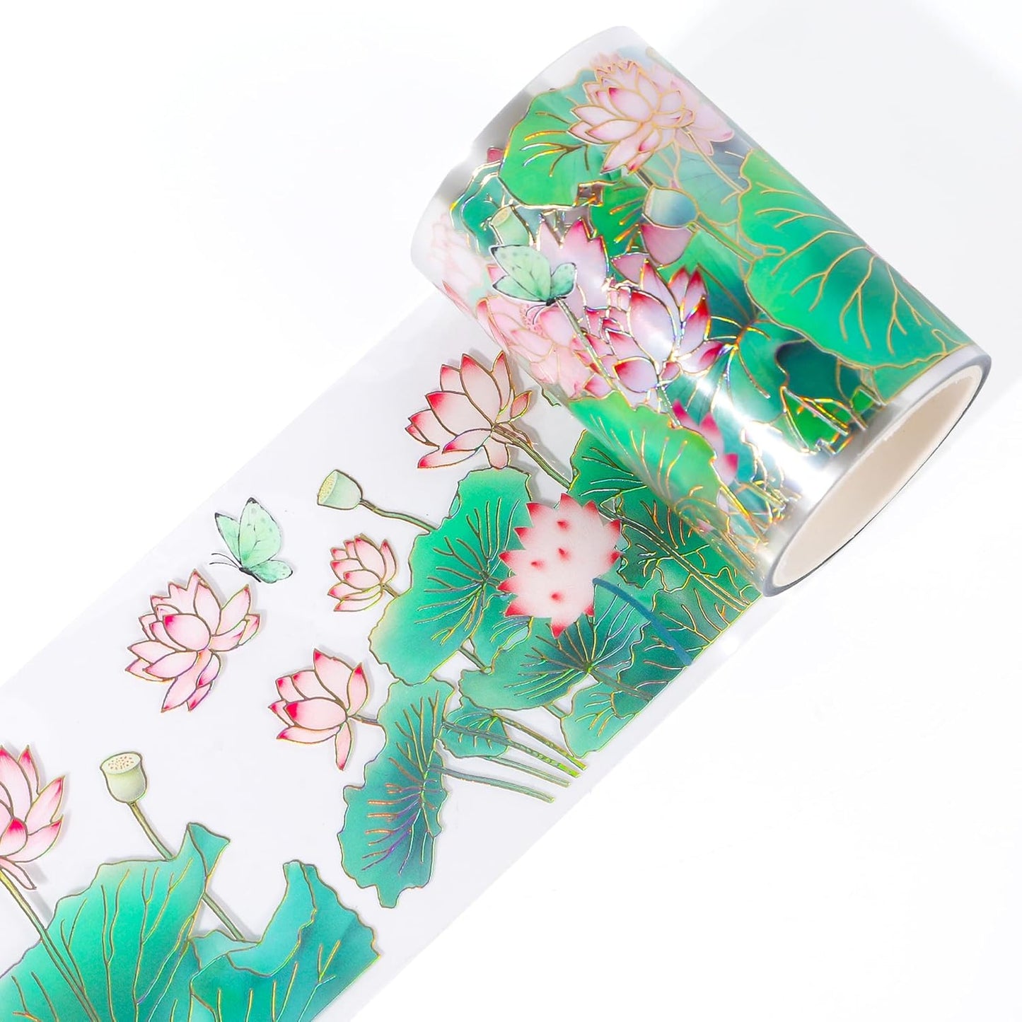 PET Tape for Journal Scrapbooking - Green Pink Lotus Journal PET Tape Scrapbook Supplies, Scrapbook Notebook Bottle Crafts Décor