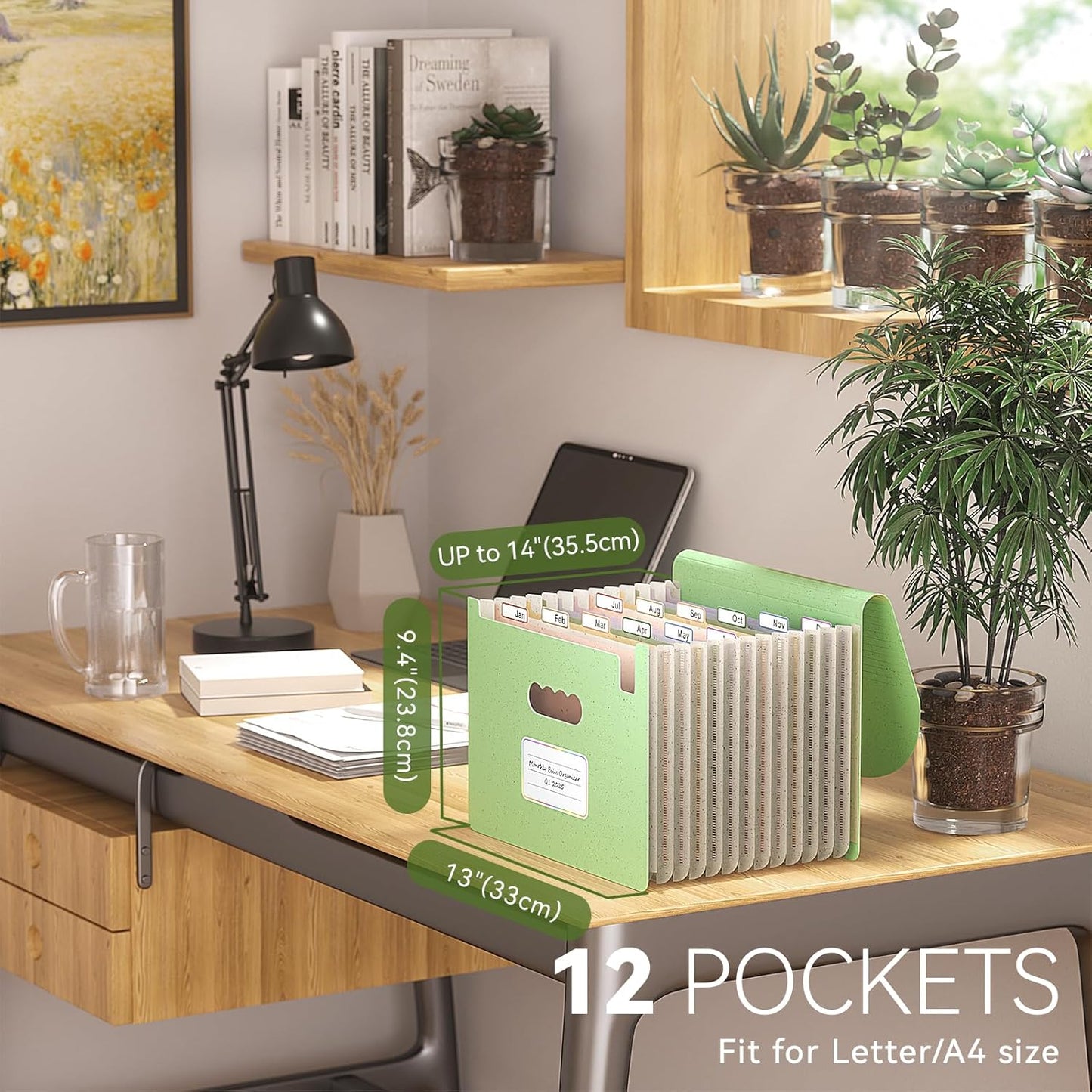 Accordion File Organizer, 13 Pockets Wheat Straw Expanding File Folder, Portable Monthly Paper Bill Tax Receipt Organizer, Letter A4 Size Document Holder with Colorful Tab - Grass Green