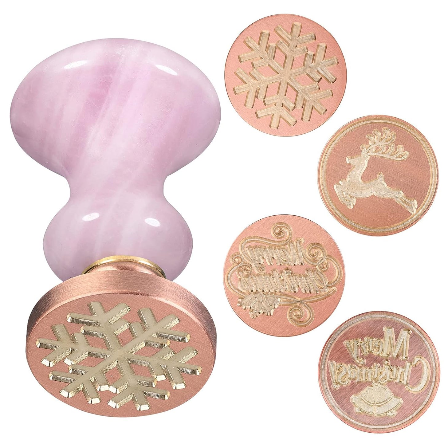 Rockcloud Wax Seal Stamps, 4 Pieces Copper Seals with Rose Quartz Handle, Christmas Theme, Pink