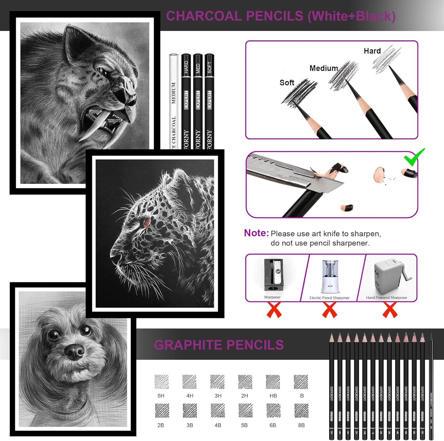 HIFORNY 42 PCS Drawing Set, Sketching Kit with Graphite & Charcoal Pencils, Blending Tools, Erasers & Accessories, Portable Zippered Travel Case for Artists & Beginners