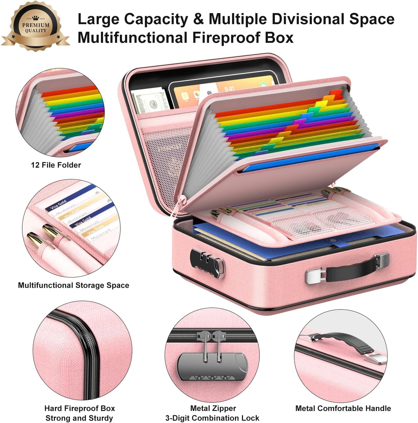 Hard Case Organizer Box with Lock, Hard-Shell Design, Fireproof, Water Resistant for Important Documents, Certificates, Laptop, Passports, Pink