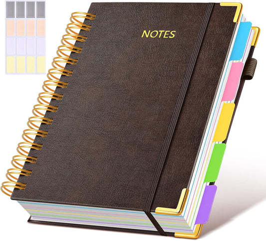 Hardcover Spiral Notebook journal with Removable Dividers Tabs, 300 Pages Leather 5 Subject Notebook College Ruled, 100GMS A5 Notebooks for Work School Note taking,Lined Journal for Women,A5 Brown