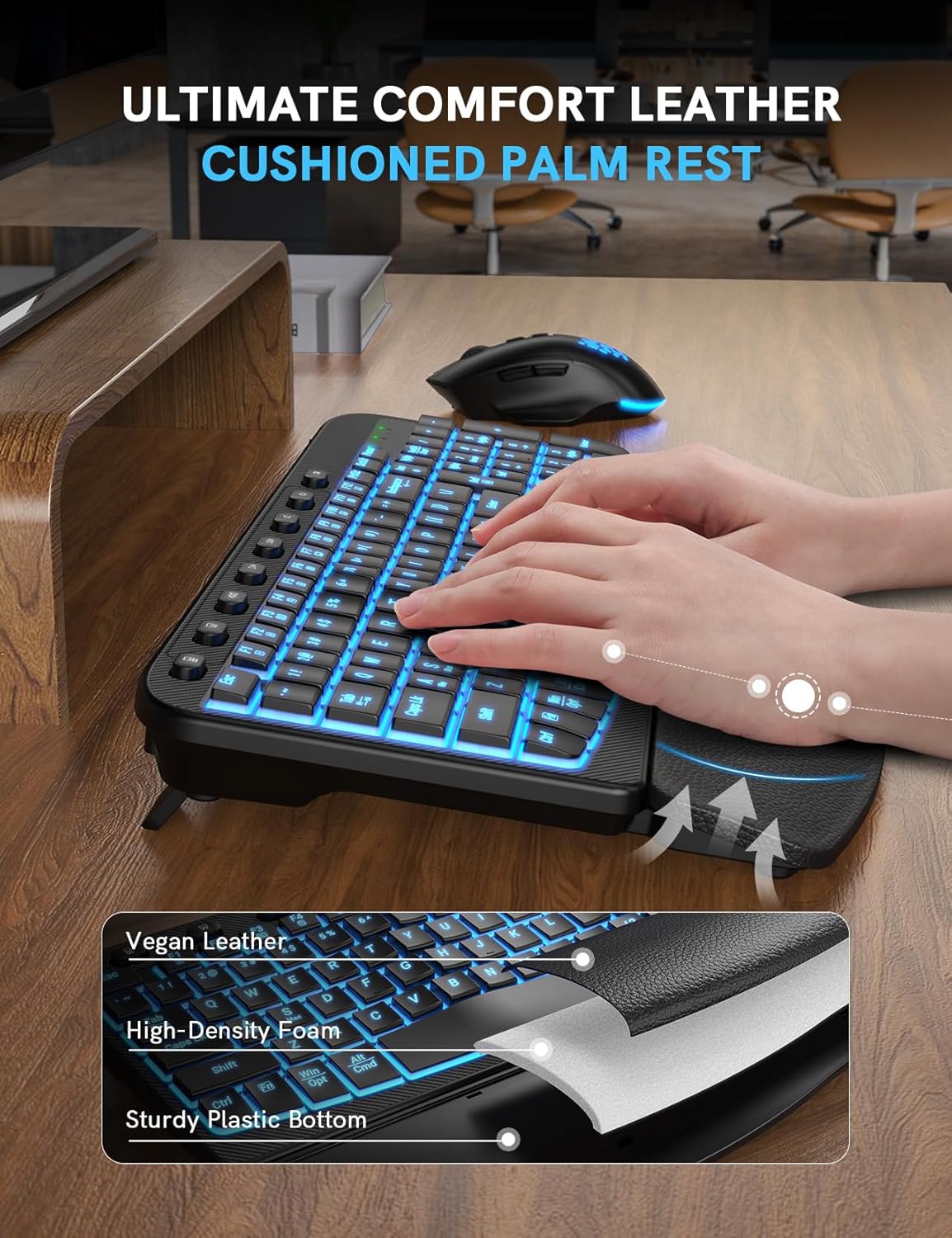 SABLUTE Ergonomic Wireless Keyboard and Mouse Combo - Wave Keyboard with Soft Leather Wrist Rest, Resistant Keys, RGB Backlit Rechargeable Set for PC/Mac/Chromebook (Black)