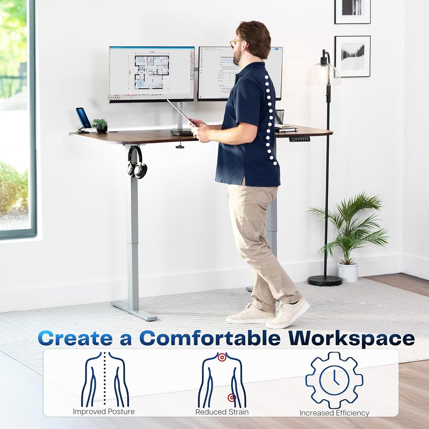 VIVO Electric 63 x 32 in Rustic Standing Desk, Memory Height Adjustment, 1B Series, Vintage Brown Top Gray Frame, DESK-KIT-1G1N