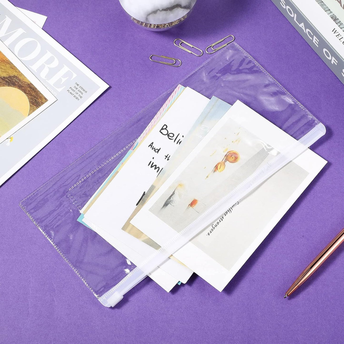 Marspark 100 Pieces Clear Pencil Case Zipper Envelope Bulk with Label Pocket Clear Plastic Envelopes with Zippered, A6 Pencil Bags for Cash, School Office Supplies, 9.2 x 4.7 Inches(White)