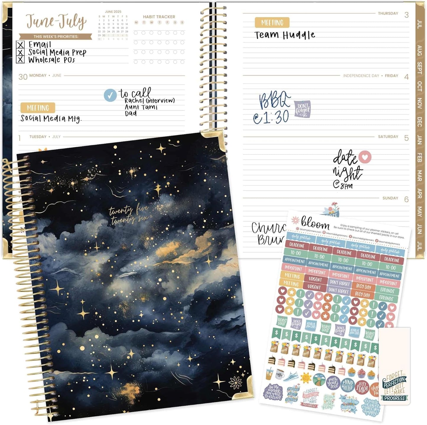 bloom daily planners HARDCOVER 2025-2026 (8.5" x 11") Academic Year Day Planner (July 2025 - July 2026) - Task Goal Organizer - Monthly & Weekly Inspirational Agenda Book - Midnight Sky