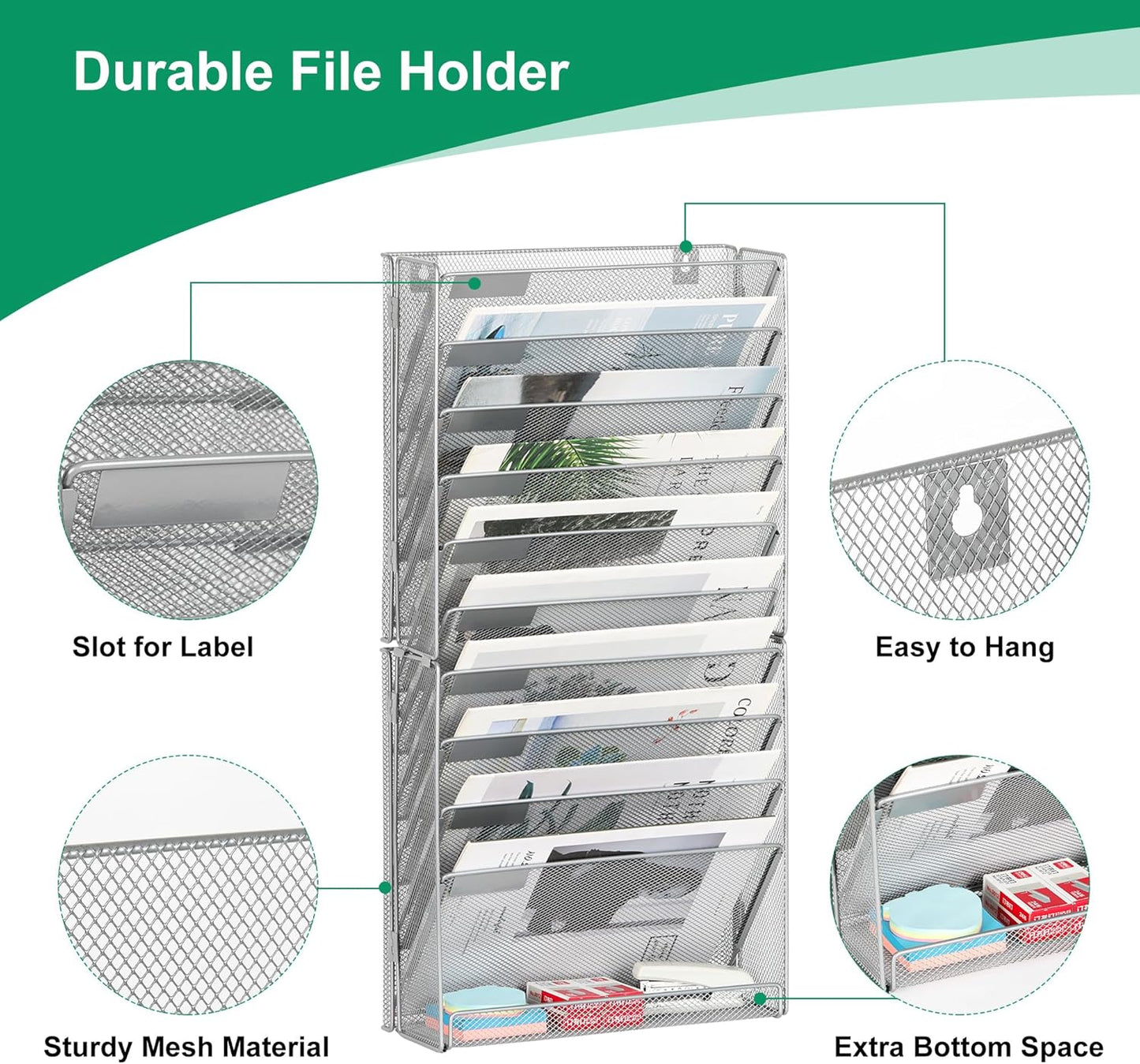10-Tier Wall File Organizer, Hanging Mail Organizer Wall Mounted Paper Document Holder, Metal Clipboard Storage Basket for Office Home School Organization, Silver
