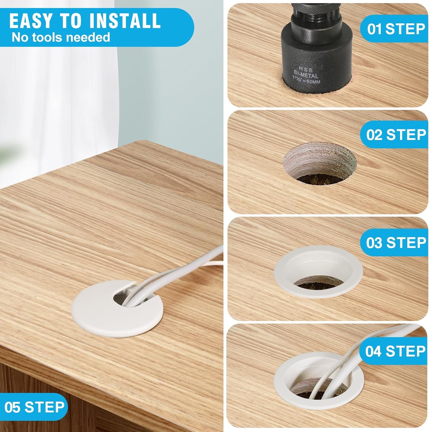 1-1/2" White Desk Grommet with Bi-Metal Hole Saw, JTemgle Plastic Cable Hole Cover Computer Table Cord Wire Organizer Caps, Desktop Cord Management for Home Office TV Stands Tabletops, 13 Pieces